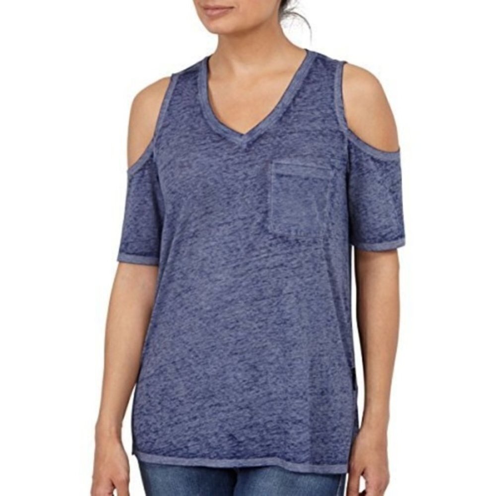 Seven7 Cold Shoulder Lightweight Tee Blue sheer burnout pocket XXL